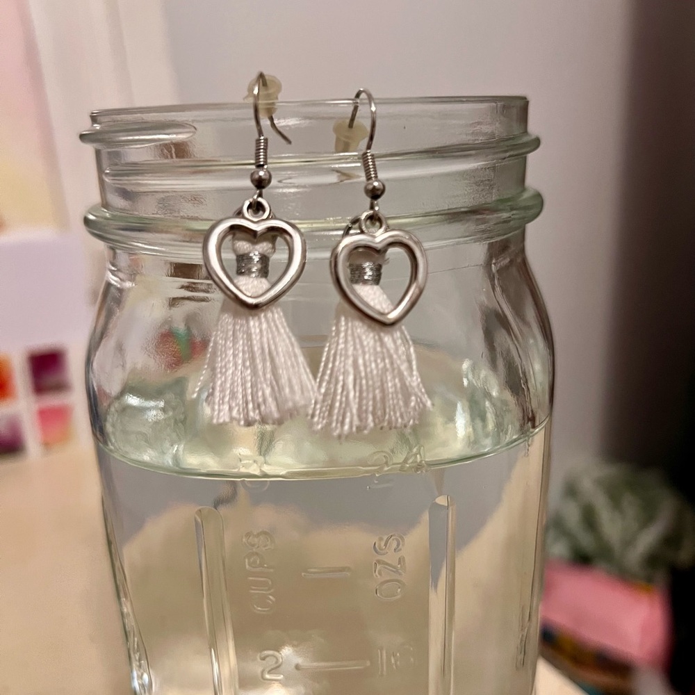 Heart Tassel Earrings in Silver and White